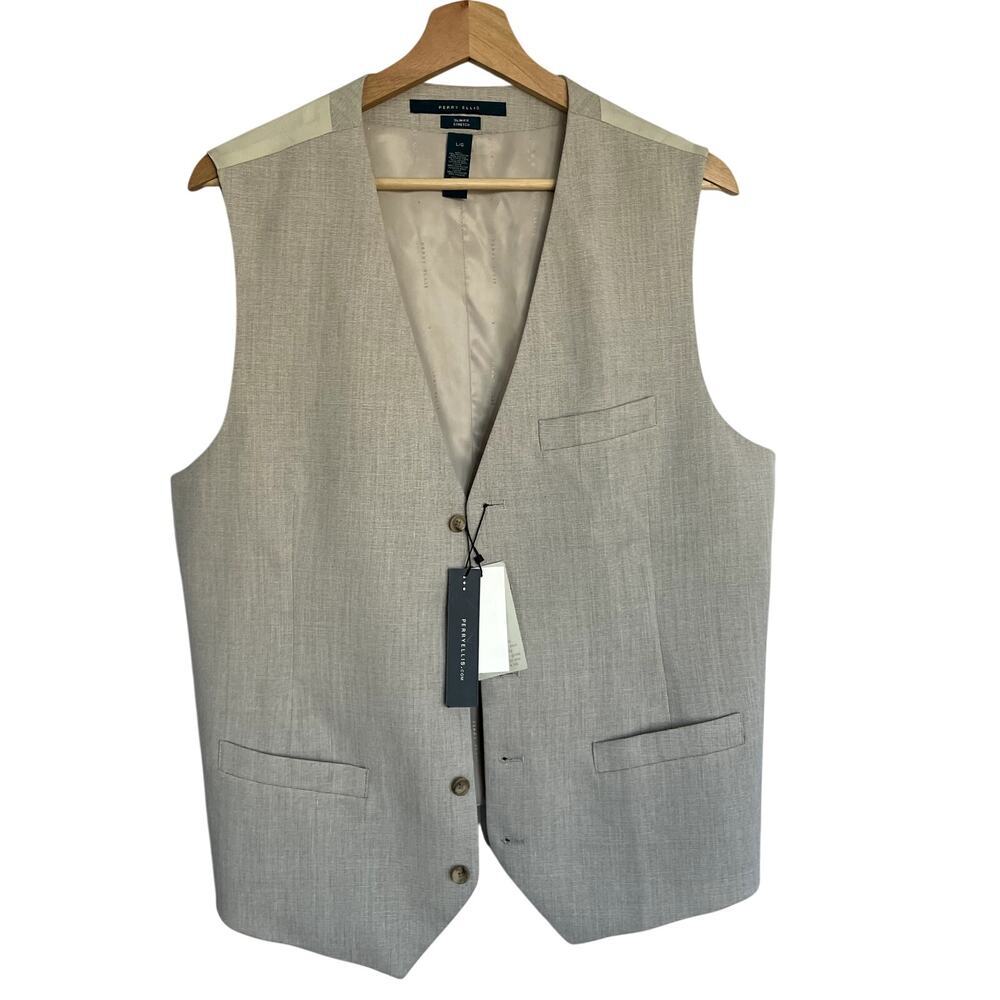 NWT Perry Ellis slim fit stretch natural linen dressy essentials vest men's L